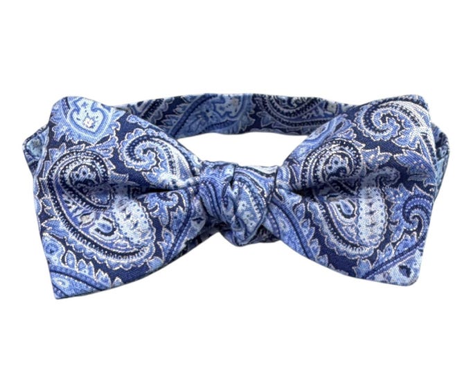 Blue Paisley Cotton Bow Tie – Self-Tie or Pretied, Men's Sizing, USA Crafted