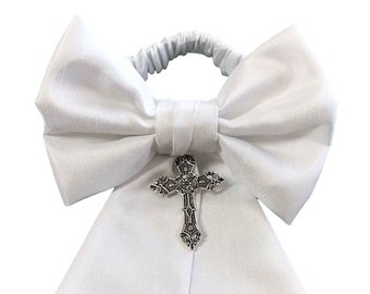 Boy's Communion Armband - Religious Silver Cross Charm - White Shantung Sateen - Boys Sizing - Handcrafted in the USA