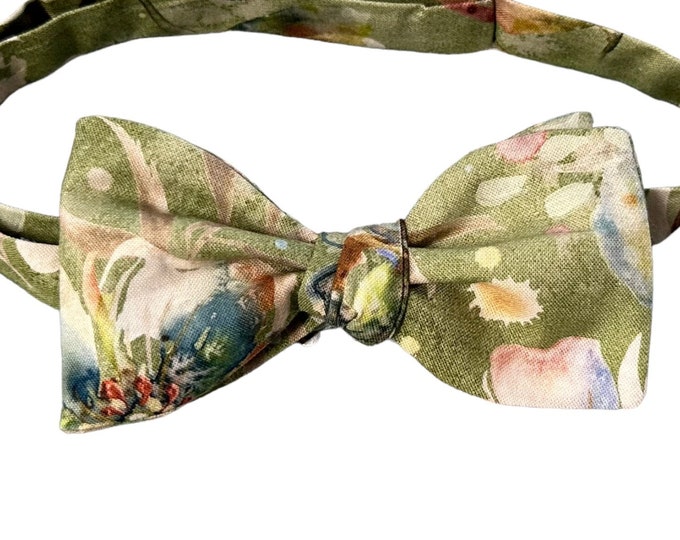 Handmade Pretied Bow Tie - Vintage Sage Green Fall Floral Medley - Adult Men's and Boys Sizing - Crafted in the USA