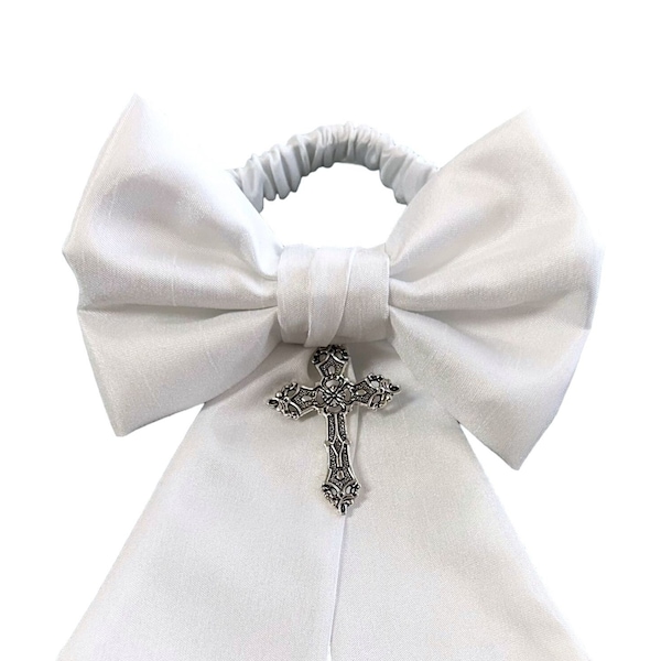 Boy's Communion Armband - Religious Silver Cross Charm - White Shantung Sateen - Boys Sizing - Handcrafted in the USA