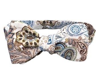 Paisley Cotton Bow Tie – Navy Blue, Brown, White – Self-tie or Pretied Men's Accessory