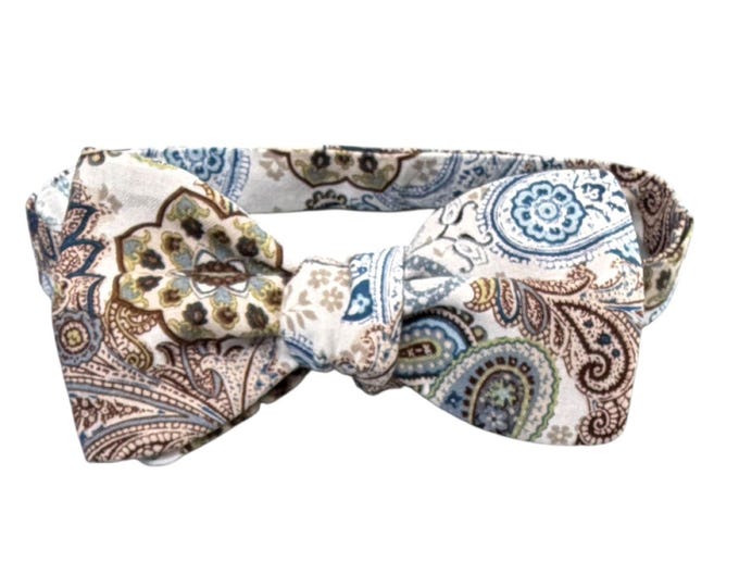 Paisley Cotton Bow Tie – Navy Blue, Brown, White – Self-tie or Pretied Men's Accessory
