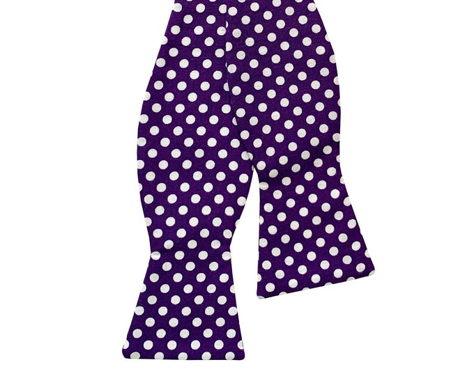 Handmade Self-Tie Bow Tie - Purple with White Polka Dot Design - Adult Men's and Boys Sizing - Crafted in the USA -208.860.0879