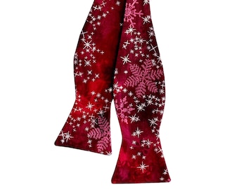 Holiday Self-Tie Bow Tie - Snowflakes Burgundy & Silver Stars - Adult Mens Sizing - Handcrafted in the USA