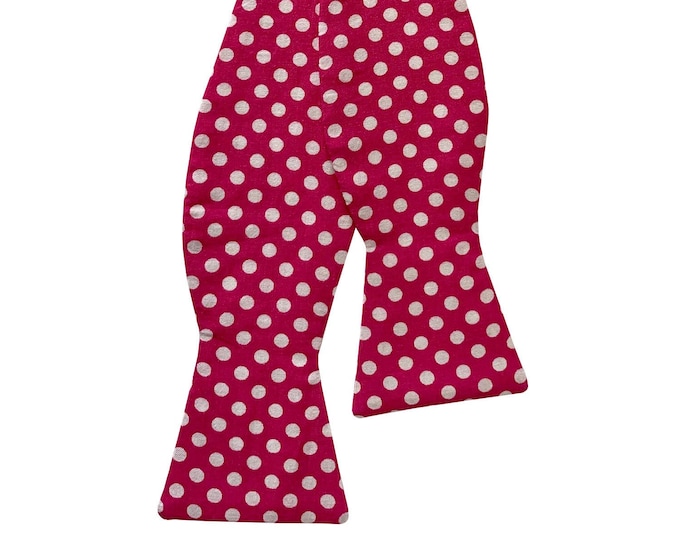 Handmade Self-Tie Bow Tie - Hot Pink with White Polka Dot Design - Adult Men's and Boys Sizing - Crafted in the USA -208.860.0879