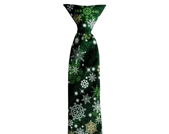 Handmade Necktie -  Green and White Snowflake with Gold Metallic Accents  - Toddler, Boys and Youth Sizing -  Crafted in the USA