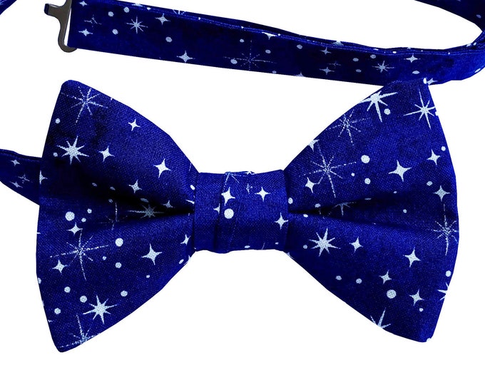 Handmade Pre-tied Bow Tie - Midnight Blue Starry Sky Holiday Bow Tie - Mens and Boys Sizing - Crafted in the USA
