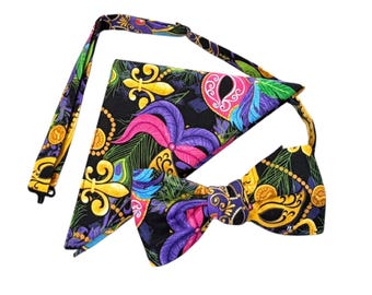 Mardi Gras Pretied Bow Tie & Pocket Square Set – Handcrafted Cotton