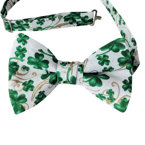 Pre-Tied Bow Tie - White with Shades of Green Shamrocks Touched with Gold Metallic Clovers St. Patrick's Day - Adult Men's Sizing