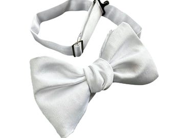 Boy's Bow Tie Pretied and Adjustable - White Premium Polyester Satin - Boys and Youth/Men's Sizing - Handcrafted in the USA