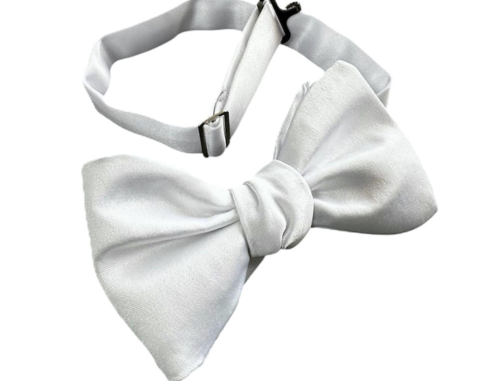 Boy's Bow Tie Pretied and Adjustable - White Premium Polyester Satin - Boys and Youth/Men's Sizing - Handcrafted in the USA
