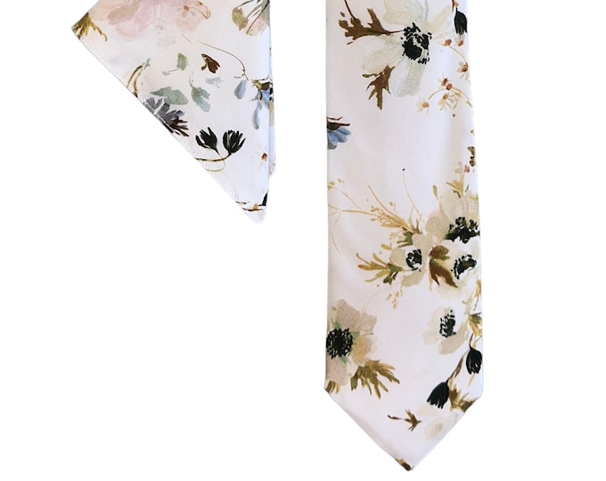 Handmade Necktie and Pocket Square Set - Vintage Multi-Colored Floral Medley - Adult Men's Sizing - Crafted in the USA