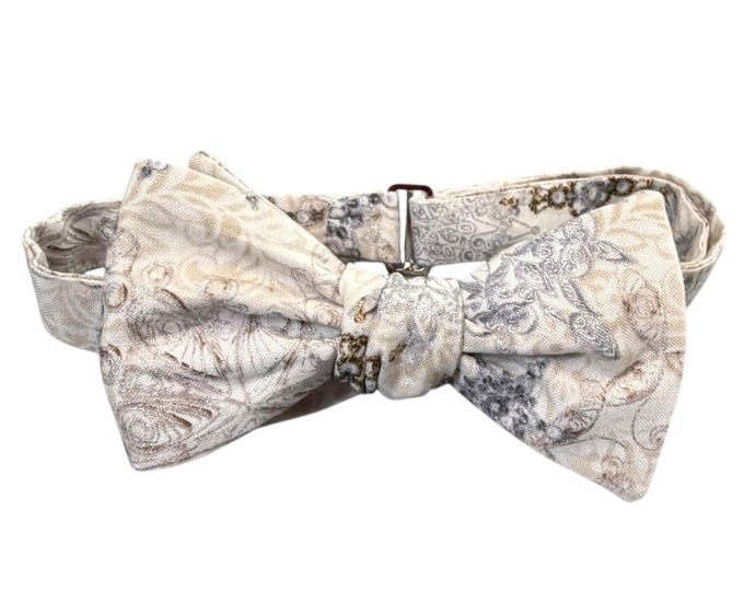 Holiday Self-tie or Pretied Bow Tie - Ivory Champagne & Silver Snowflakes - Adult Men's Sizing - Handcrafted in the USA