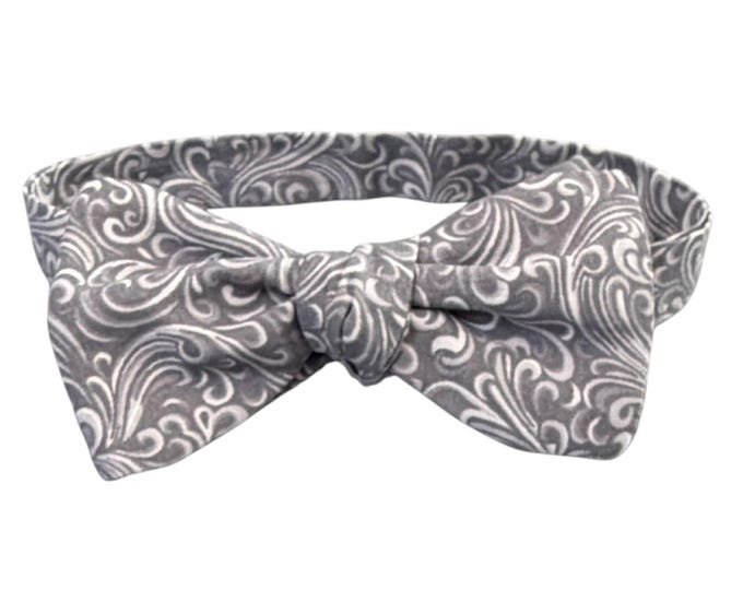 Silver Grey Paisley Cotton Bow Tie – Men's Self-tie or Pretied Butterfly Knot