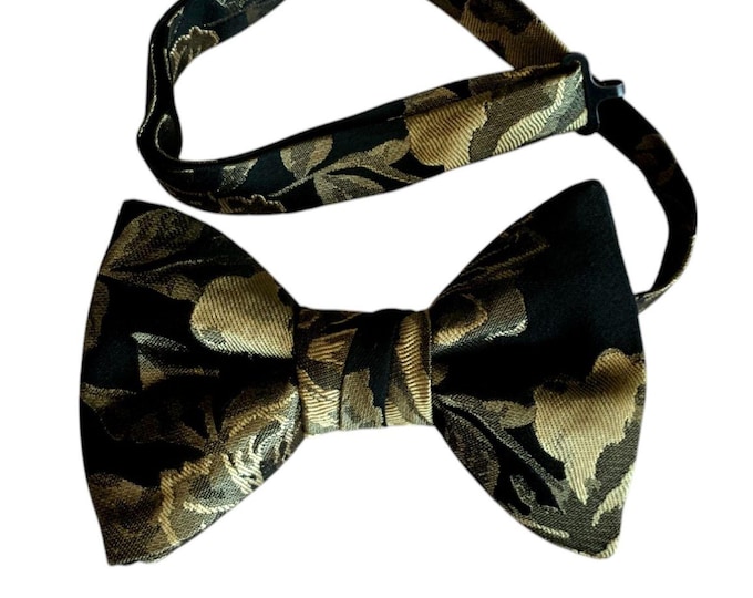 Handmade Floral Bow Tie - Black and Gold Metallic Satin, Men's Pretied