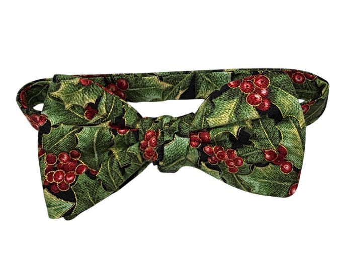 Men's Holly Berry Bow Tie - Self-tie or Pretied Options, Green Red Gold Metallic