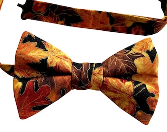 Men’s Autumn Leaves Bow Tie – Pre-Tied Adjustable Bow Tie in Black, Orange and Gold – Fall Wedding & Holiday Accessory – Handcrafted in USA