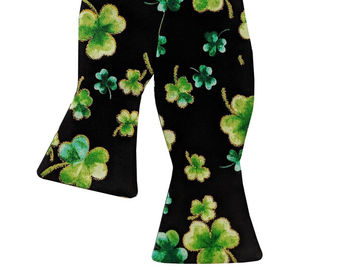 St. Patrick's Day Self-Tie Bow Tie - Black and Green Shamrock with Touches of Gold Metallic Celebration - Adult Men's & Boy's Sizing