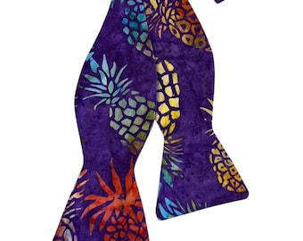 Hawaiian Self-tie Bow Tie - Tropical Purple Pineapple Floral - Cotton Batik - Adult Mens Sizing