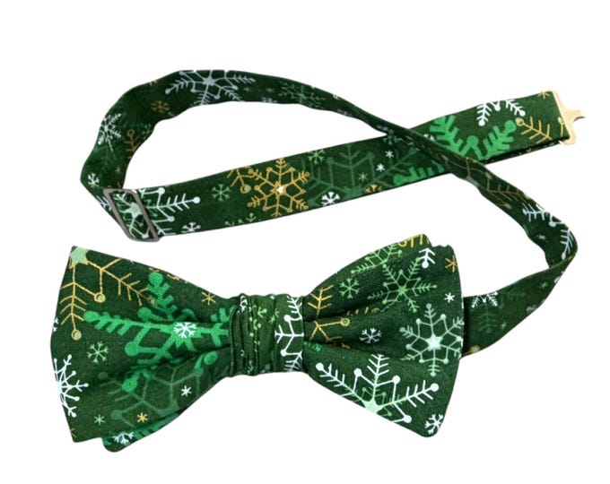 Handmade Pretied Bow Tie - Green Gold Snowflakes - Cotton - Adult Men's Sizing - Crafted in the USA