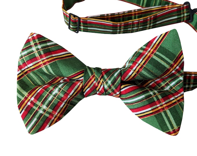 Handmade Pre-tied Bow Tie - Green with Gold Metallic Plaid Celebration Cotton Bow Tie - Adult Mens to Baby Sizing - Crafted in the USA