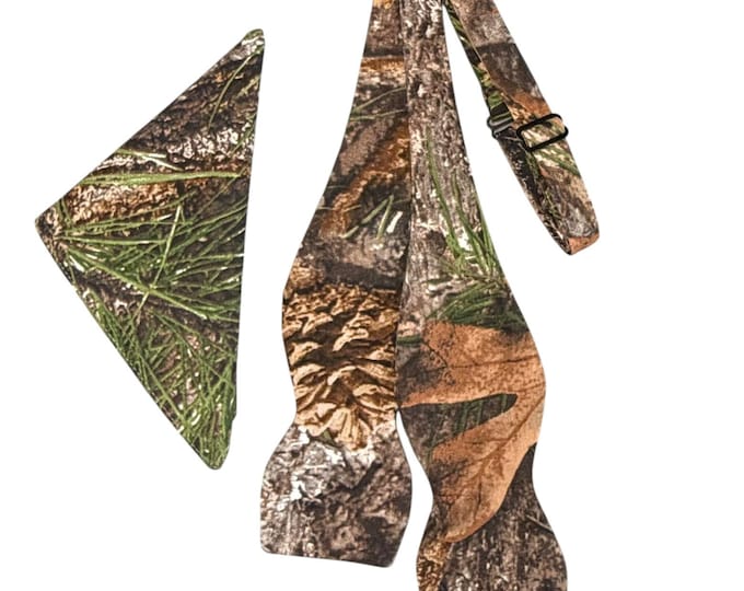 Self-tie Bow Tie Pocket Square Set – Timber Camouflage Cotton, Men's Sizing