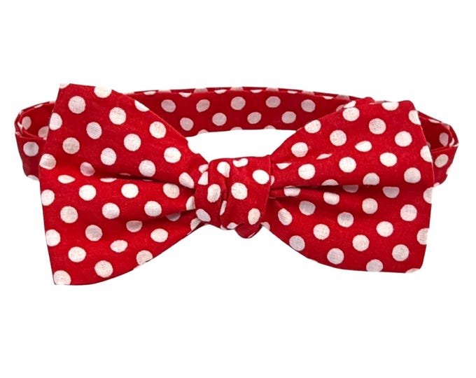 Red Polka Dot Cotton Bow Tie – Self-Tie or Pretied, Men's Sizing