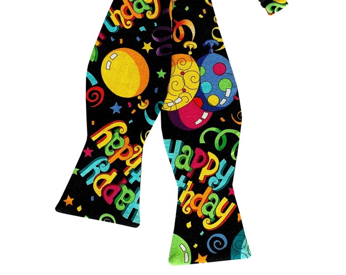 Handmade Self-Tie Bow Tie - Happy Birthday Multi Colored Balloon and Confetti Celebration - Boys & Adult Mens Sizing - Crafted in the USA