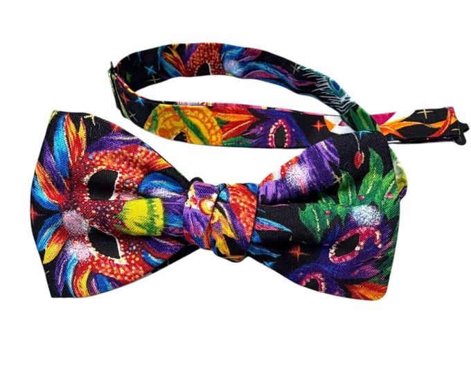 Mardi Gras Pretied Bow Tie - Multi Colored Masquerade Mask - Men's Sizing - Crafted in the USA