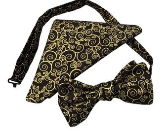 Metallic Gold Swirls Bow Tie & Pocket Square Set – Handcrafted Cotton