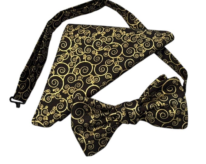 Metallic Gold Swirls Bow Tie & Pocket Square Set – Handcrafted Cotton