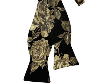 Handmade Self-tie Bow Tie - Black with Gold Rose Floral Jacquard - Men's Sizing - Crafted in the USA