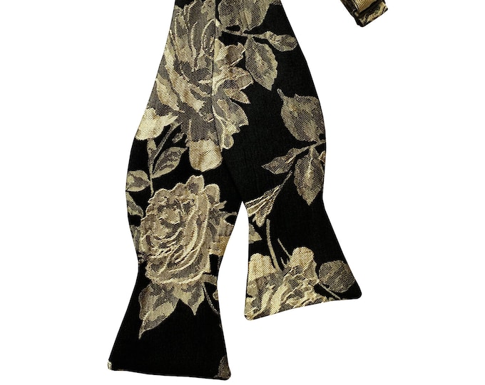 Handmade Self-tie Bow Tie - Black with Gold Rose Floral Jacquard - Men's Sizing - Crafted in the USA