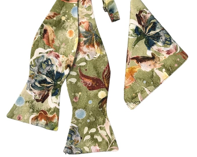 Handmade Self-tie Bow Tie and Pocket Square Set - Sage Green Fall Vintage Floral Medley - Adult Men's Sizing - Crafted in the USA