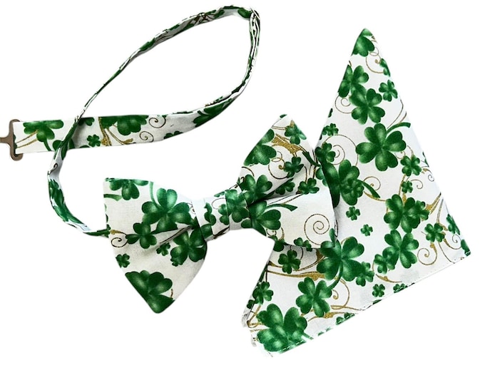 St. Patrick's Day Bow Tie & Pocket Square Set – Green Shamrock Cotton