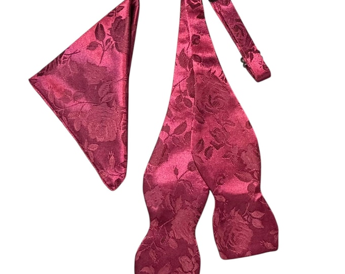 Burgundy Rose Floral Brocade Bow Tie and Pocket Square Set - Men's Self-tie Satin