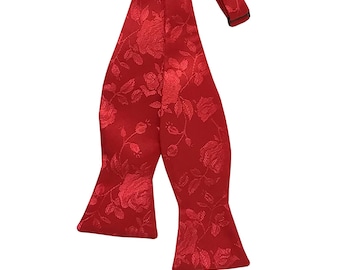 Handmade Self-tie Bow Tie - Red Rose Satin Jacquard - Adult Men's Sizing - Crafted in the USA