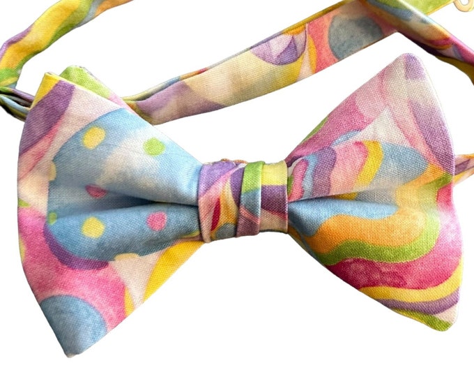 Easter Pre-tied Bow Tie - Pastel Spring Water Color Egg Holiday Multi-Colored Celebration - Adult Men's and Boys Sizing - Crafted in the USA