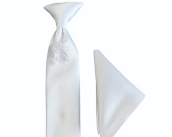 Boys Necktie and Pocket Square Set - White Satin with White Embroidered Cross for First Holy Communion - Boys Sizing - Crafted in the USA