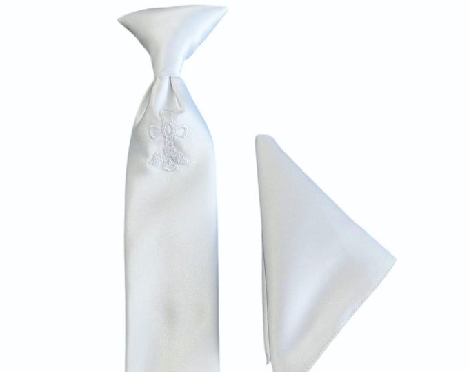 Boys Necktie and Pocket Square Set - White Satin with White Embroidered Cross for First Holy Communion - Boys Sizing - Crafted in the USA