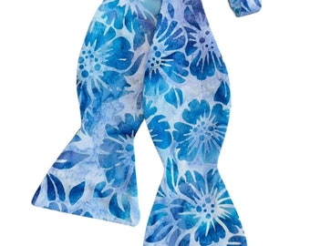 Hawaiian Self-tie Bow Tie - Blue Floral Pattern - Cotton Batik - Adult Mens Sizing