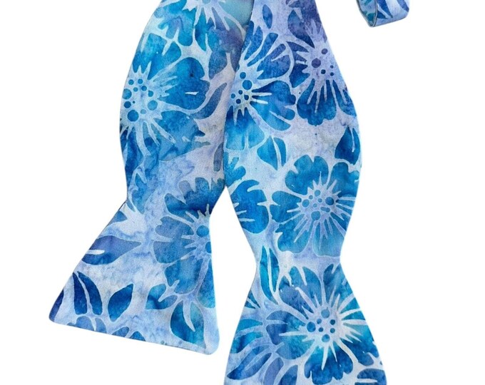 Hawaiian Self-tie Bow Tie - Shades of Blue Floral Pattern - Premium Cotton Batik - Adult Mens Sizing