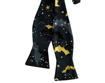 Halloween Self-tie Bow Tie - Black and Gold Metallic Bats and Stars Halloween Design - Adult Men's & Boys Sizing - Handcrafted in the USA