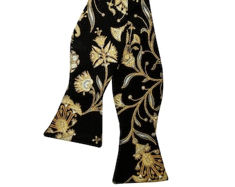 Gold Metallic Floral Bow Tie: Black Cotton, Self-Tie - Holiday Design