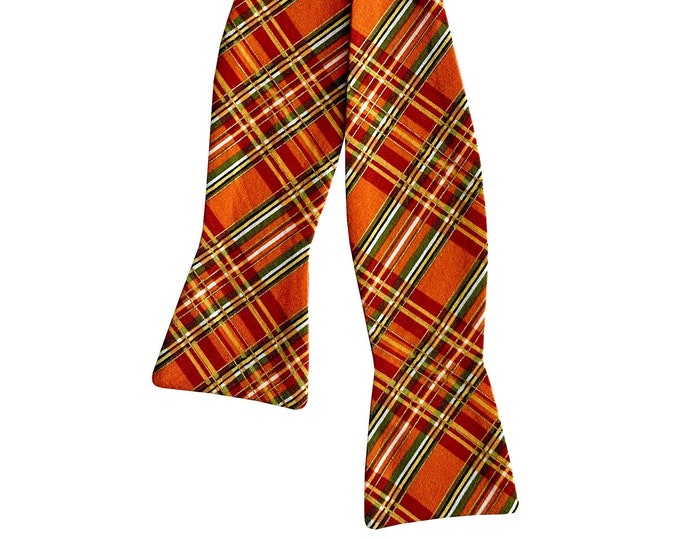 Handmade Self-tie Bow Tie - Harvest Orange Plaid Cotton Autumn Design - Mens Sizing - Crafted in the USA
