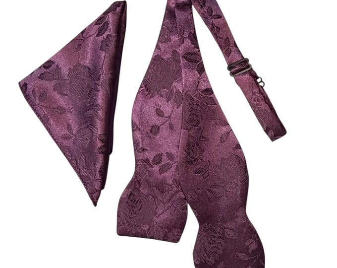 Plum Rose Floral Brocade Bow Tie and Pocket Square Set - Men's Self-tie Satin
