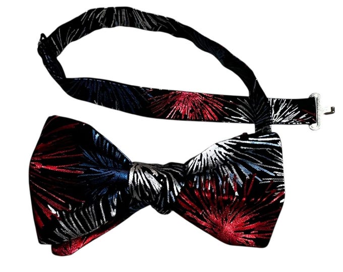 Handmade Pretied Bow Tie - Red & Blue Foil Fireworks - Adult Men's Sizing - Crafted in the USA