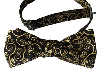 Handmade Pre-tied Bow Tie - Black with Metallic Gold Paisley Swirls - Premium Cotton  - Adult Men's and Boys Sizing - Crafted in the USA