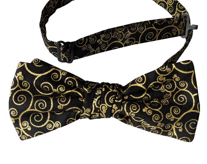 Handmade Pre-tied Bow Tie - Black with Metallic Gold Paisley Swirls - Premium Cotton  - Adult Men's and Boys Sizing - Crafted in the USA