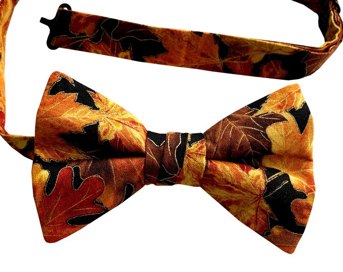 Handmade Pre-tied Bow Tie - Golden Autumn Leaves Design - Cotton Bow Tie - Adult Men's Sizing - Crafted in the USA